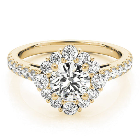 Yellow gold Round Halo Diamond Ring with Pavé Band and Four-Prong Setting