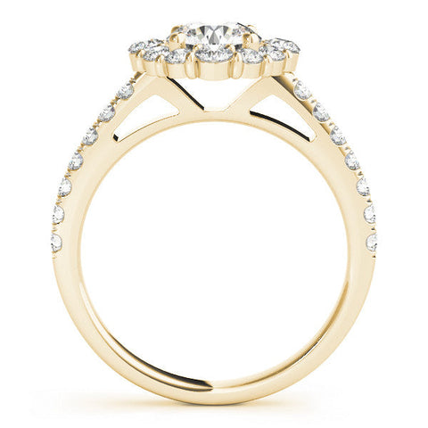 Yellow gold Round Halo Diamond Ring with Pavé Band and Four-Prong Setting