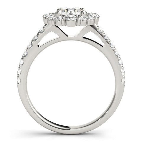 White gold Round Halo Diamond Ring with Pavé Band and Four-Prong Setting