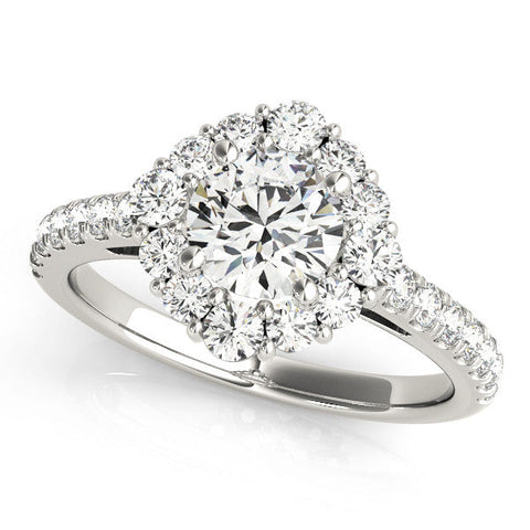 White gold Round Halo Diamond Ring with Pavé Band and Four-Prong Setting