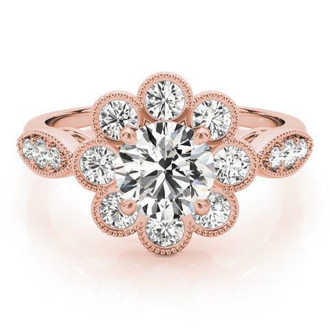 Rose gold Round Milgrain Halo Floral Diamond Ring with Split Shank and Four-Prong Setting