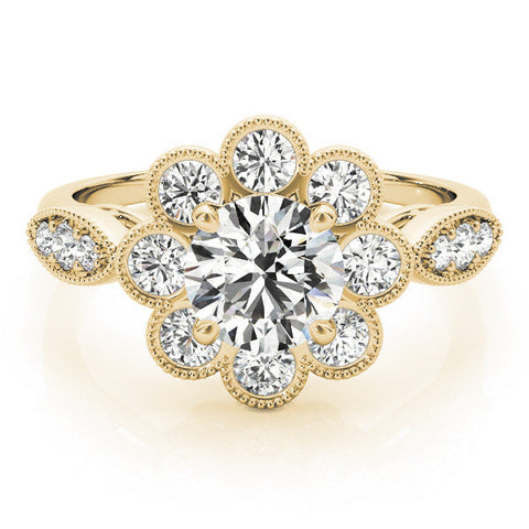 Yellow gold Round Milgrain Halo Floral Diamond Ring with Split Shank and Four-Prong Setting