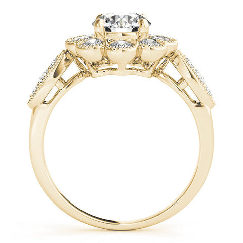 Yellow gold Round Milgrain Halo Floral Diamond Ring with Split Shank and Four-Prong Setting
