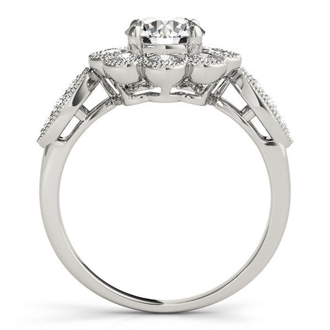 White gold Round Milgrain Halo Floral Diamond Ring with Split Shank and Four-Prong Setting