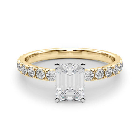 Yellow gold Emerald Diamond Pavé Band Solitaire with Four-Prong Setting