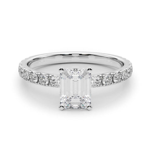 Platinum Emerald Diamond Pavé Band Solitaire with Four-Prong Setting