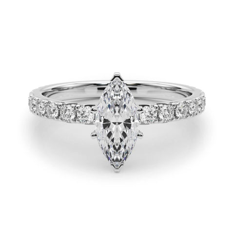 White gold Marquise Diamond Pavé Band Solitaire with Four-Prong Setting