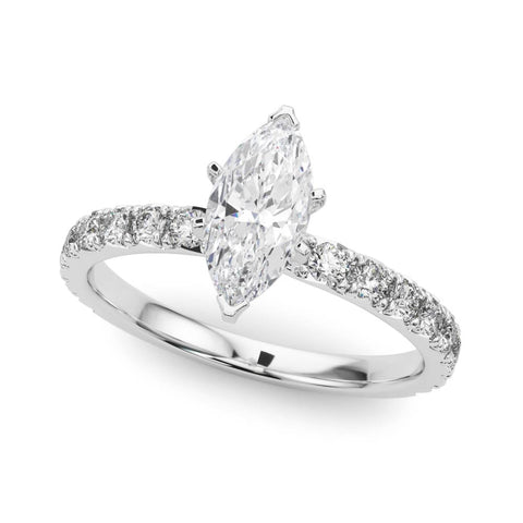 Silver Marquise Diamond Pavé Band Solitaire with Four-Prong Setting