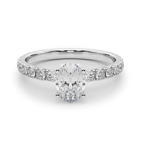 Silver Oval Diamond Pavé Band Solitaire with Four-Prong Setting