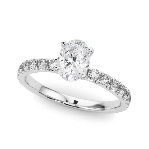 Silver Oval Diamond Pavé Band Solitaire with Four-Prong Setting