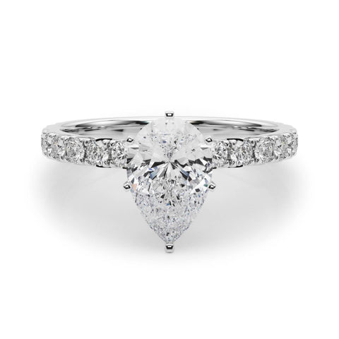White gold Pear Diamond Pavé Band Solitaire with Four-Prong Setting