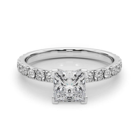 White gold Princess Diamond Pavé Band Solitaire with Four-Prong Setting