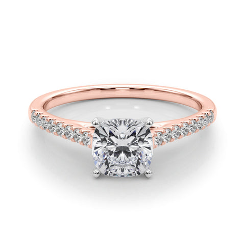 Rose gold Cushion Cut Solitaire Diamond Ring with Pave Band and Four-Prong Setting