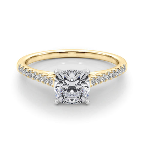 Yellow gold Cushion Cut Solitaire Diamond Ring with Pave Band and Four-Prong Setting