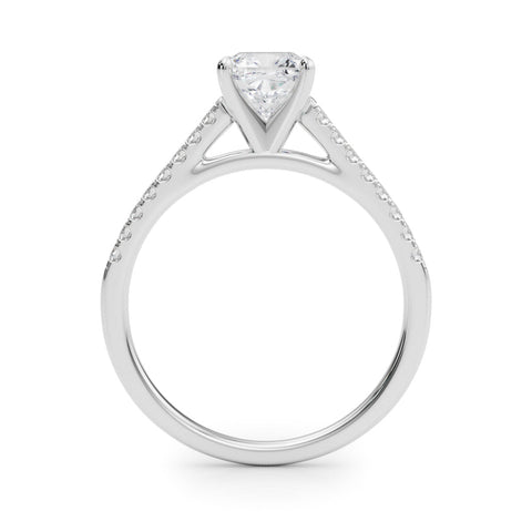 Platinum Cushion Cut Solitaire Diamond Ring with Pave Band and Four-Prong Setting