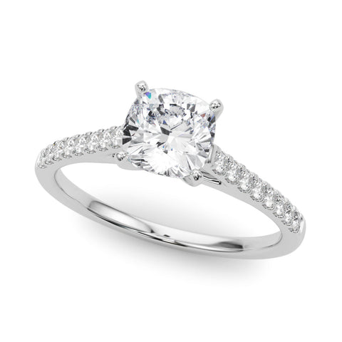 White gold Cushion Cut Solitaire Diamond Ring with Pave Band and Four-Prong Setting