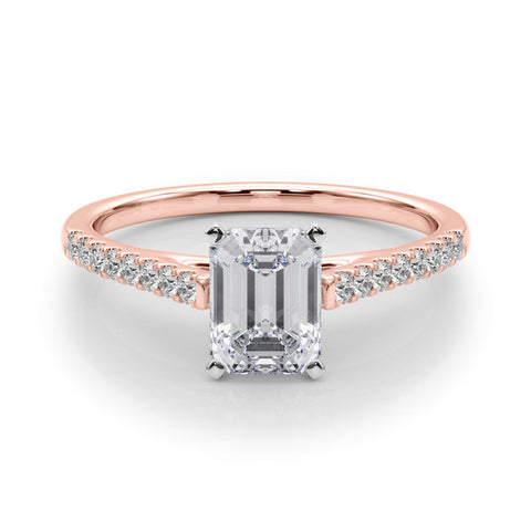 Rose gold Emerald Cut Solitaire Diamond Ring with Pave Band and Four-Prong Setting