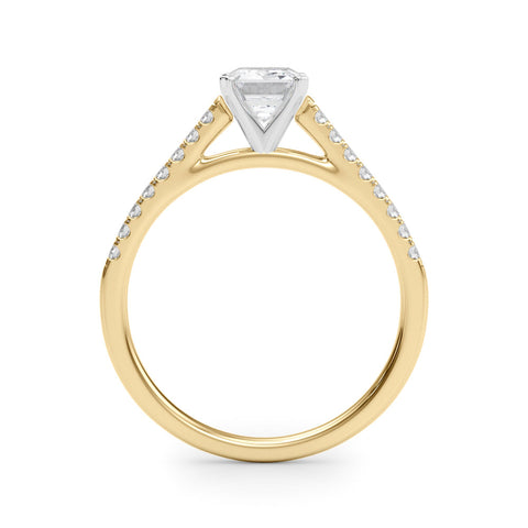 Yellow gold Radiant Cut Solitaire Diamond Ring with Pave Band and Four-Prong Setting