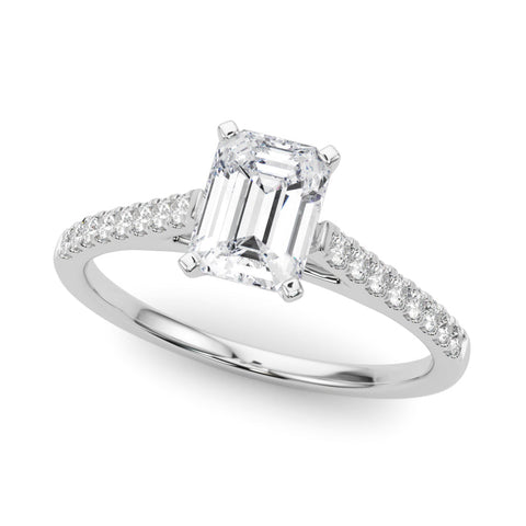 White gold Emerald Cut Solitaire Diamond Ring with Pave Band and Four-Prong Setting