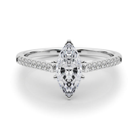Platinum Marquise Cut Solitaire Diamond Ring with Pave Band and Four-Prong Setting