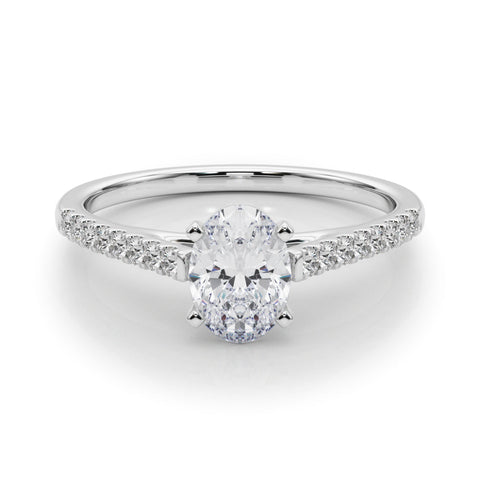 Platinum Oval Cut Solitaire Diamond Ring with Pave Band and Four-Prong Setting