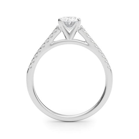 White gold Oval Cut Solitaire Diamond Ring with Pave Band and Four-Prong Setting