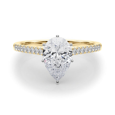 Yellow gold Pear Cut Solitaire Diamond Ring with Pave Band and Four-Prong Setting