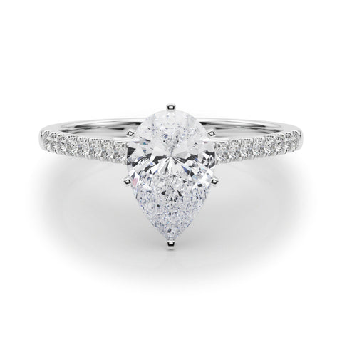 Platinum Pear Cut Solitaire Diamond Ring with Pave Band and Four-Prong Setting