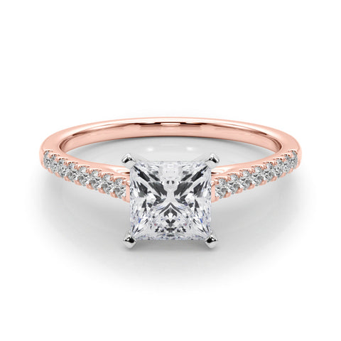 Rose gold Princess Cut Solitaire Diamond Ring with Pave Band and Four-Prong Setting