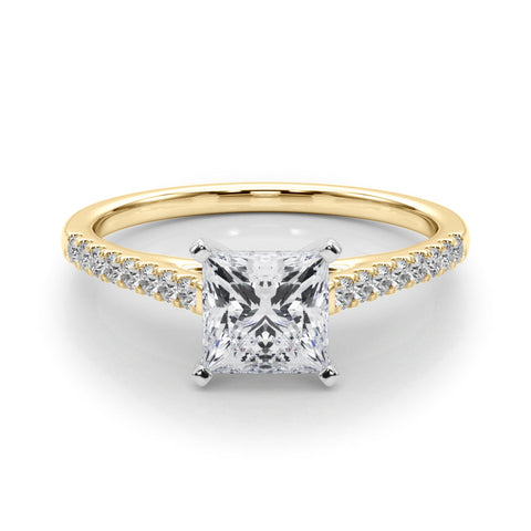 Yellow gold Princess Cut Solitaire Diamond Ring with Pave Band and Four-Prong Setting