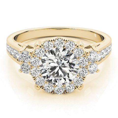 Yellow gold Round Halo Diamond Engagement Ring with Split Shank and Four-Prong Setting