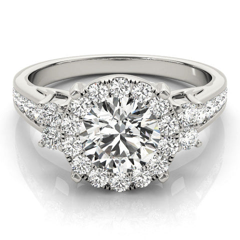 Platinum Round Halo Diamond Engagement Ring with Split Shank and Four-Prong Setting