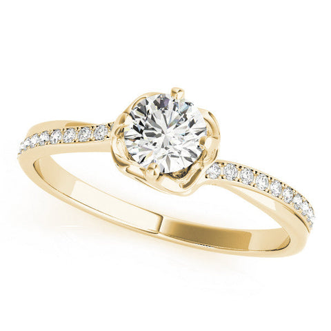 Yellow gold Round Solitaire Diamond Ring with Pavé Band and Four-Prong Setting