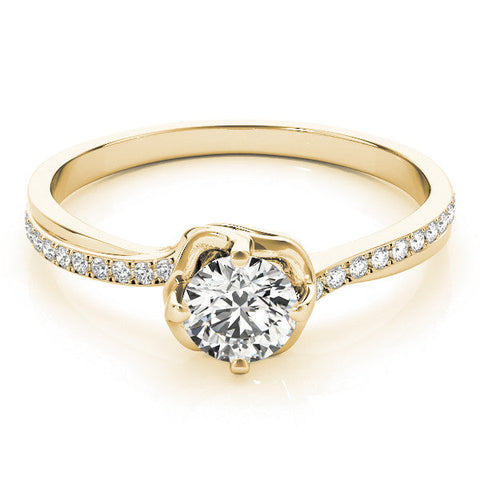 Yellow gold Round Solitaire Diamond Ring with Pavé Band and Four-Prong Setting