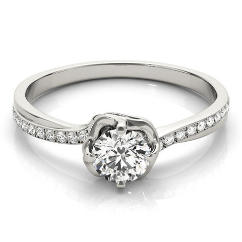 Platinum Round Solitaire Diamond Ring with Pavé Band and Four-Prong Setting