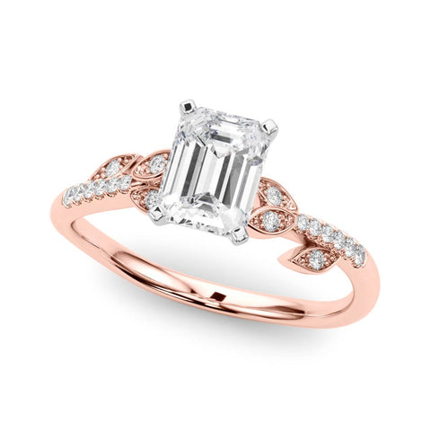 Rose gold Emerald Solitaire Leaf-Inspired Diamond Ring with Pavé Band and Four-Prong Setting