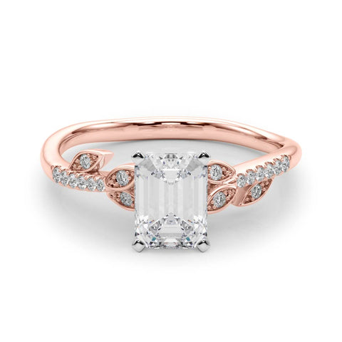Rose gold Emerald Solitaire Leaf-Inspired Diamond Ring with Pavé Band and Four-Prong Setting