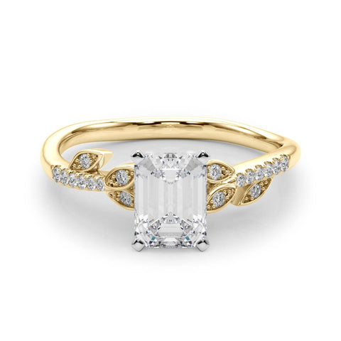 Yellow gold Emerald Solitaire Leaf-Inspired Diamond Ring with Pavé Band and Four-Prong Setting