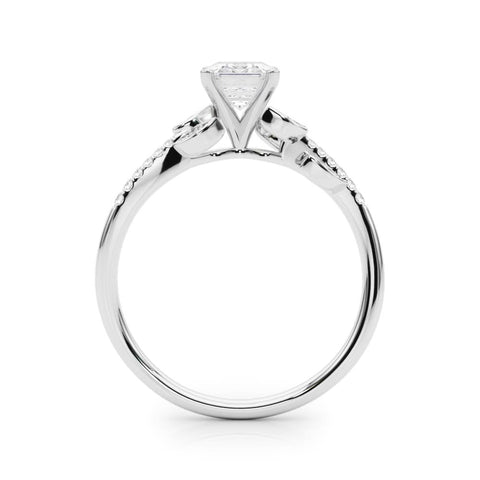 White gold Radiant Solitaire Leaf-Inspired Diamond Ring with Pavé Band and Four-Prong Setting