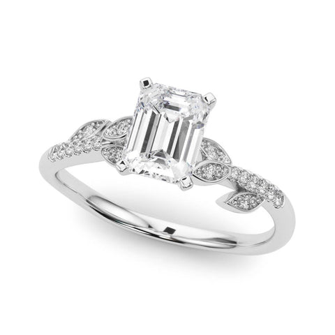 White gold Radiant Solitaire Leaf-Inspired Diamond Ring with Pavé Band and Four-Prong Setting