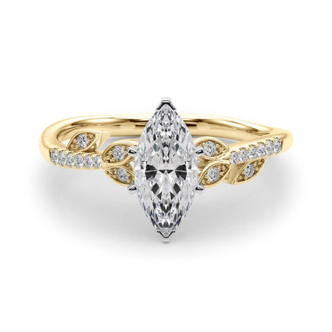 Yellow gold Marquise Solitaire Leaf-Inspired Diamond Ring with Pavé Band and Four-Prong Setting