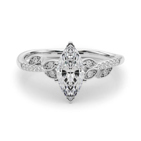 Platinum Marquise Solitaire Leaf-Inspired Diamond Ring with Pavé Band and Four-Prong Setting