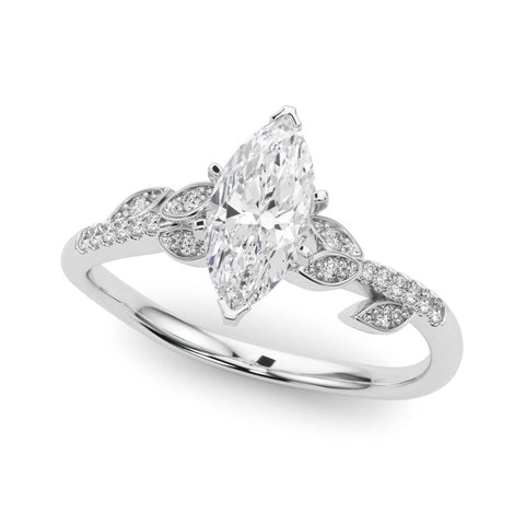 White gold Marquise Solitaire Leaf-Inspired Diamond Ring with Pavé Band and Four-Prong Setting