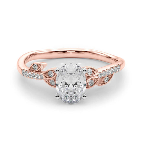 Rose gold Oval Solitaire Leaf-Inspired Diamond Ring with Pavé Band and Four-Prong Setting