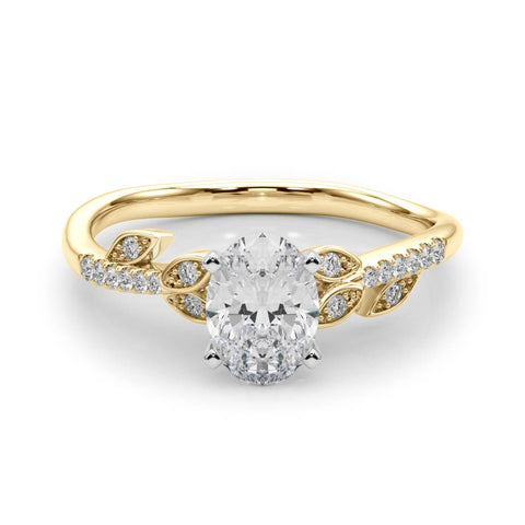 Yellow gold Oval Solitaire Leaf-Inspired Diamond Ring with Pavé Band and Four-Prong Setting
