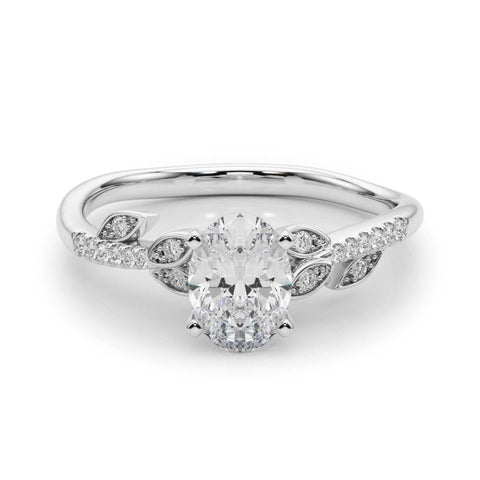 White gold Oval Solitaire Leaf-Inspired Diamond Ring with Pavé Band and Four-Prong Setting