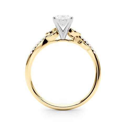 Yellow gold Oval Solitaire Leaf-Inspired Diamond Ring with Pavé Band and Four-Prong Setting