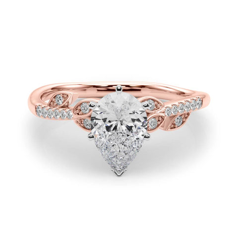 Rose gold Pear Solitaire Leaf-Inspired Diamond Ring with Pavé Band and Four-Prong Setting