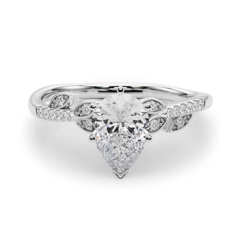White gold Pear Solitaire Leaf-Inspired Diamond Ring with Pavé Band and Four-Prong Setting