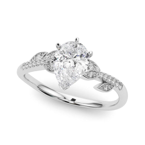 White gold Pear Solitaire Leaf-Inspired Diamond Ring with Pavé Band and Four-Prong Setting